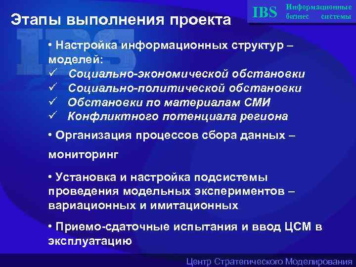 Этапы выполнения проекта IBS Информационные бизнес системы • Настройка информационных структур – моделей: ü