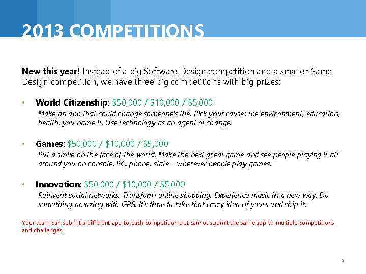 2013 COMPETITIONS New this year! Instead of a big Software Design competition and a