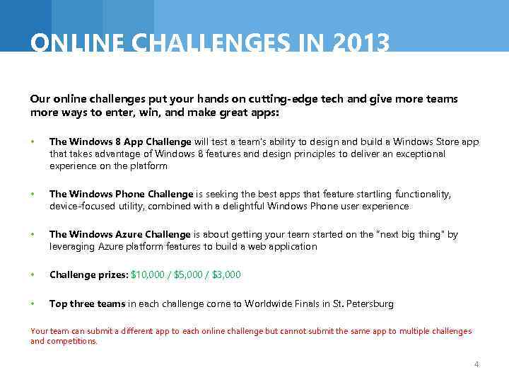 ONLINE CHALLENGES IN 2013 Our online challenges put your hands on cutting-edge tech and