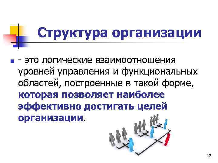 Структура организации n - это логические взаимоотношения уровней управления и функциональных областей, построенные в