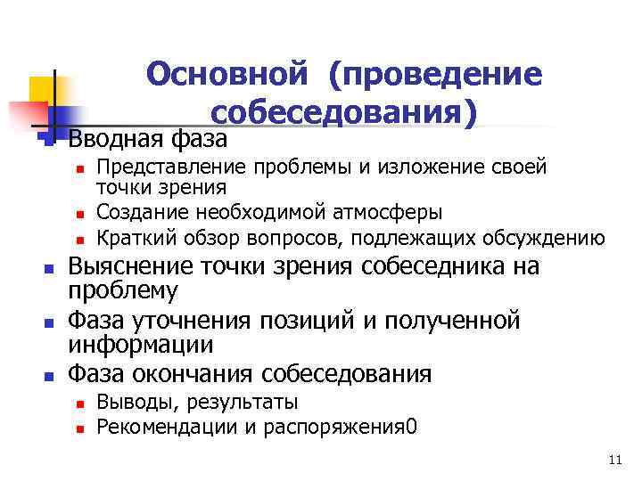 Основной (проведение собеседования) n Вводная фаза n n n Представление проблемы и изложение своей