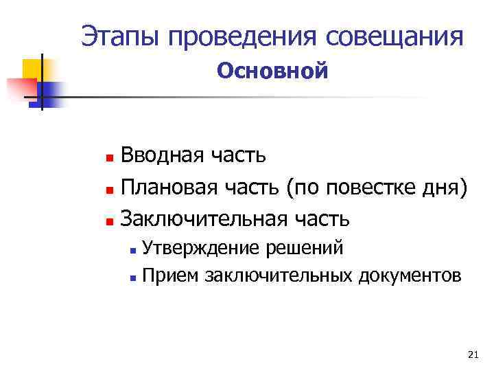 Этапы проведения совещания Основной Вводная часть n Плановая часть (по повестке дня) n Заключительная