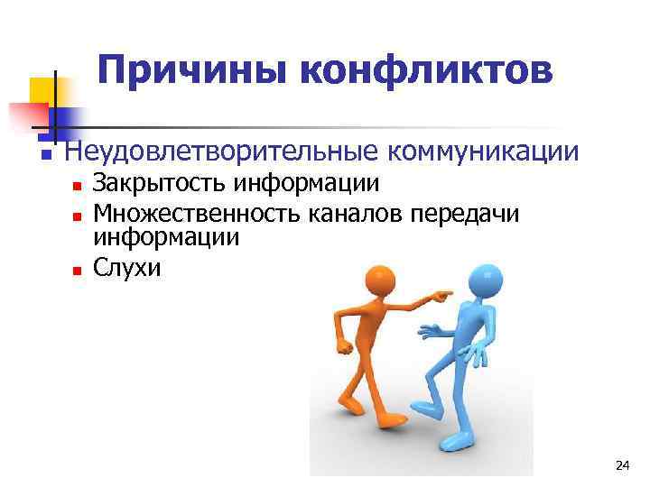 Причины конфликтов n Неудовлетворительные коммуникации n n n Закрытость информации Множественность каналов передачи информации