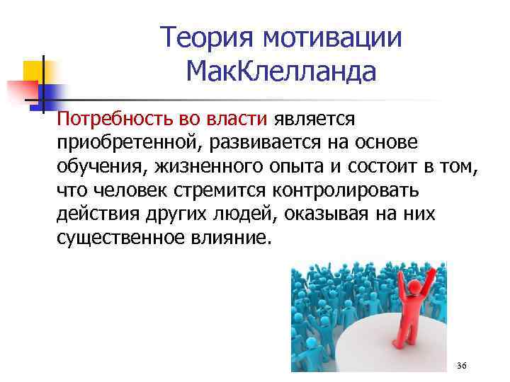 Теория мотивации Мак. Клелланда Потребность во власти является приобретенной, развивается на основе обучения, жизненного