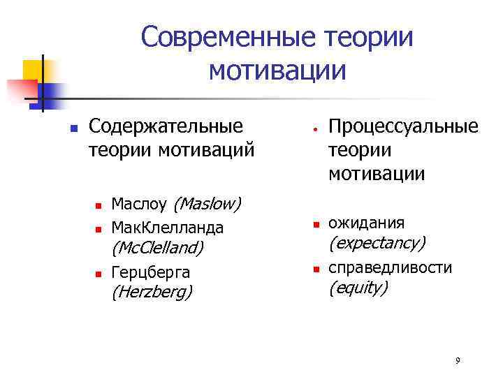 Современные теории мотивации n Содержательные теории мотиваций n n Маслоу (Maslow) Мак. Клелланда •