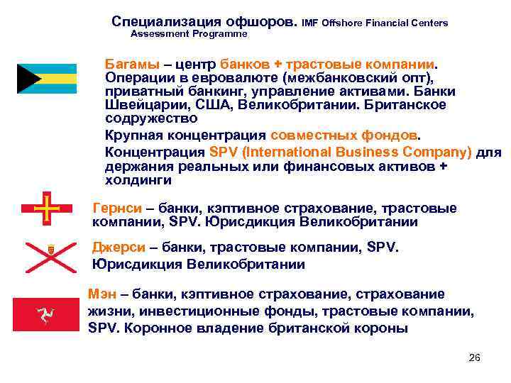 Специализация офшоров. IMF Offshore Financial Centers Assessment Programme Багамы – центр банков + трастовые