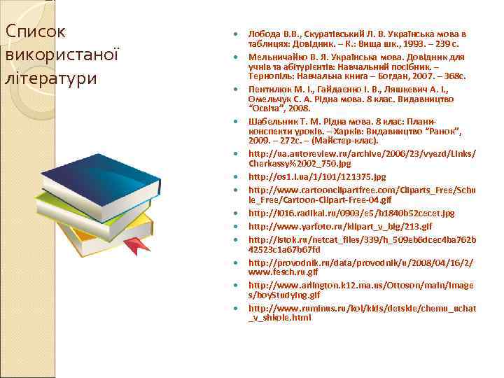 Список використаної літератури Лобода В. В. , Скуратівський Л. В. Українська мова в таблицях:
