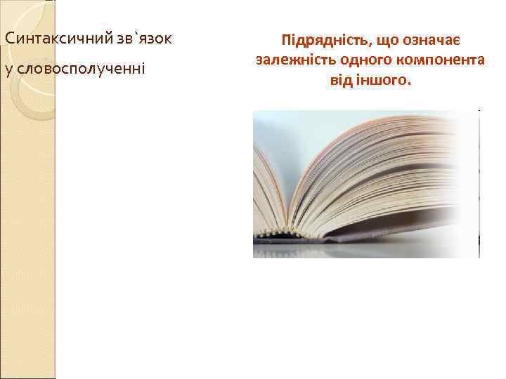 Синтаксичний зв`язок у словосполученні Підрядність, що означає залежність одного компонента від іншого. 
