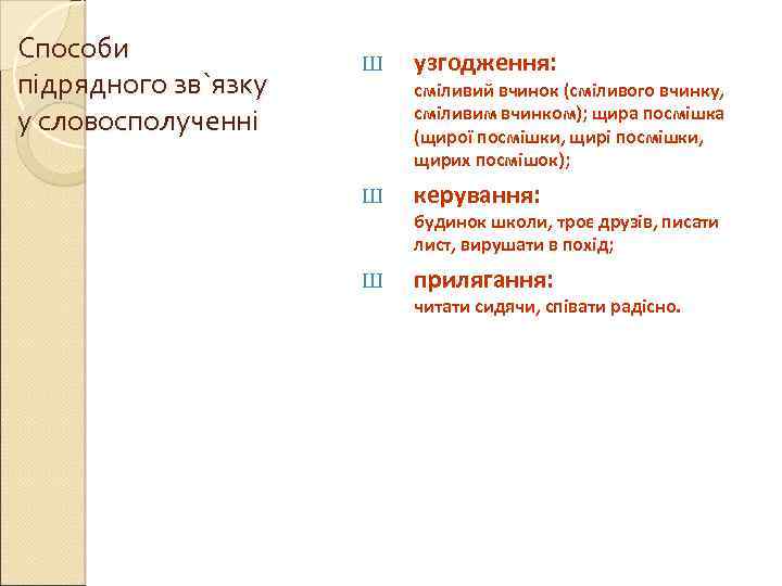 Способи підрядного зв`язку у словосполученні Ш узгодження: сміливий вчинок (сміливого вчинку, сміливим вчинком); щира
