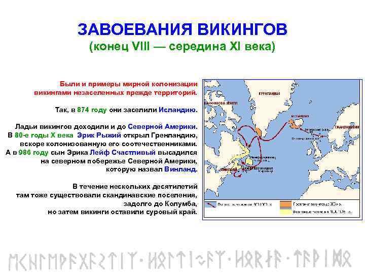 ЗАВОЕВАНИЯ ВИКИНГОВ (конец VIII — середина XI века) Были и примеры мирной колонизации викингами