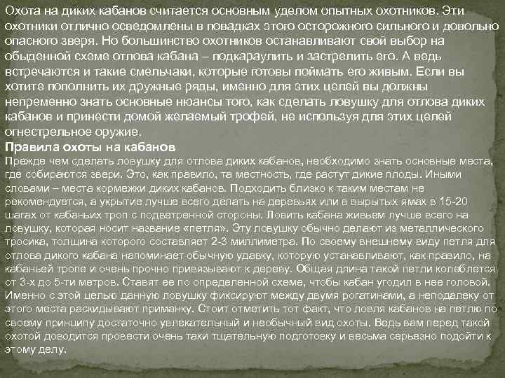 Охота на диких кабанов считается основным уделом опытных охотников. Эти охотники отлично осведомлены в