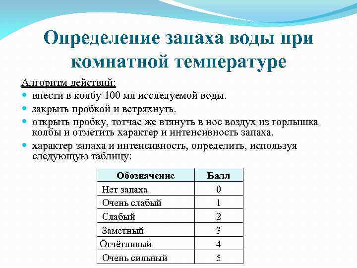 Определение запаха воды при комнатной температуре Алгоритм действий: внести в колбу 100 мл исследуемой