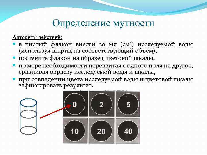 Определение мутности Алгоритм действий: в чистый флакон внести 20 мл (см 3) исследуемой воды