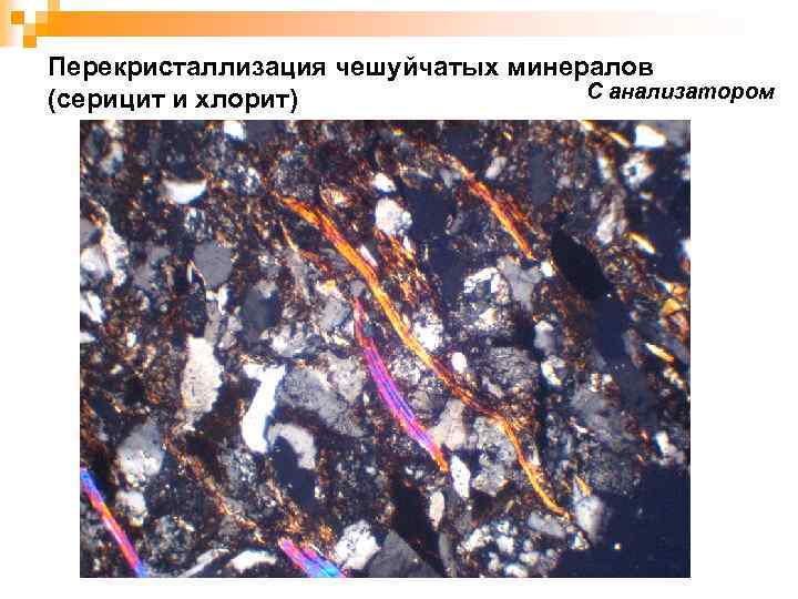 Перекристаллизация чешуйчатых минералов С анализатором (серицит и хлорит) 