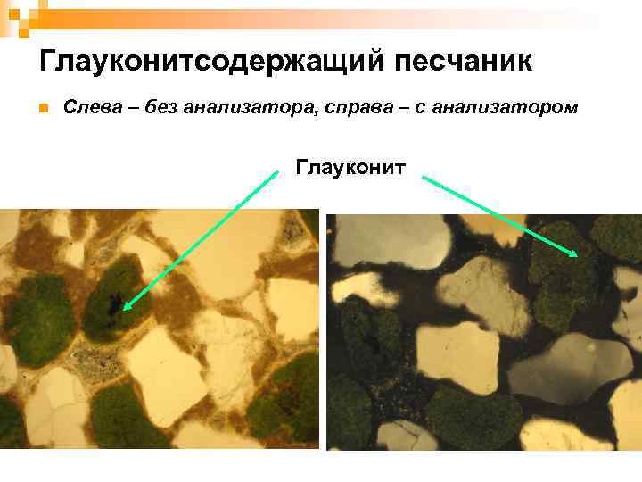 Глауконитсодержащий песчаник n Слева – без анализатора, справа – с анализатором Глауконит 