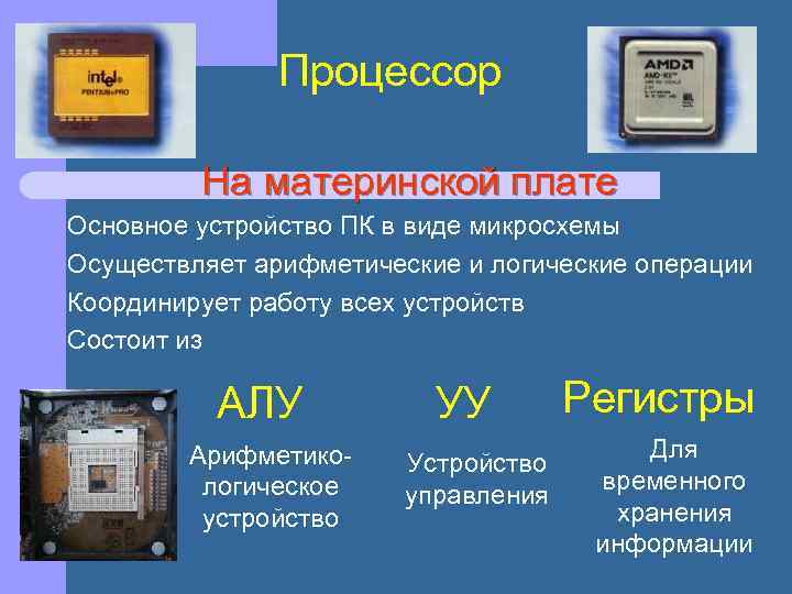 Процессор На материнской плате Основное устройство ПК в виде микросхемы Осуществляет арифметические и логические