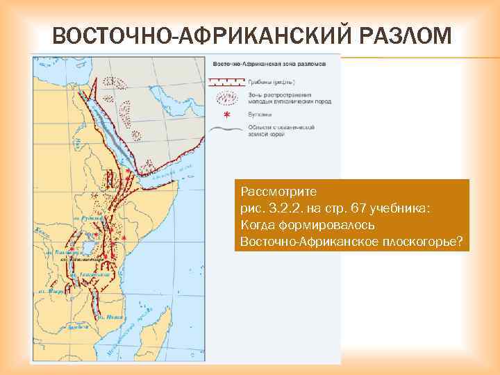 ВОСТОЧНО-АФРИКАНСКИЙ РАЗЛОМ Рассмотрите рис. 3. 2. 2. на стр. 67 учебника: Когда формировалось Восточно-Африканское