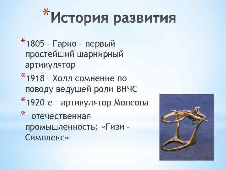 * *1805 – Гарио – первый простейший шарнирный артикулятор *1918 – Холл сомнение по