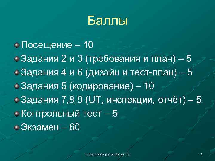 Баллы Посещение – 10 Задания 2 и 3 (требования и план) – 5 Задания