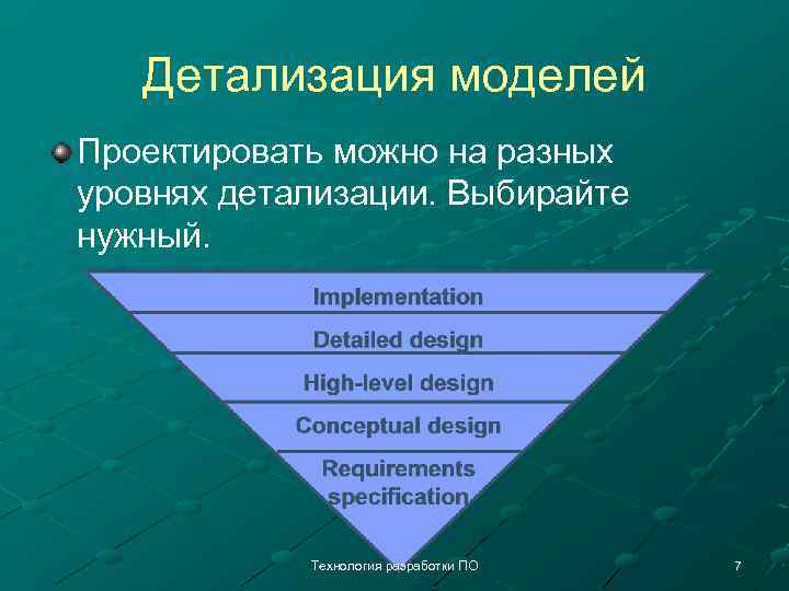 Детализация моделей Проектировать можно на разных уровнях детализации. Выбирайте нужный. Технология разработки ПО 7