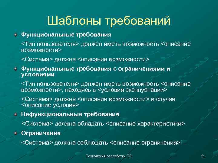 Шаблоны требований Функциональные требования <Тип пользователя> должен иметь возможность <описание возможности> <Система> должна <описание