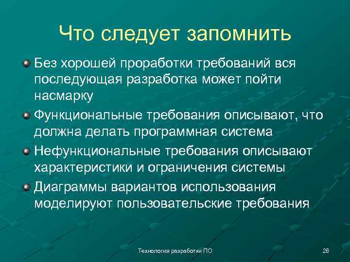 Что следует запомнить Без хорошей проработки требований вся последующая разработка может пойти насмарку Функциональные