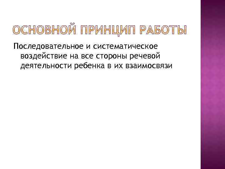 Последовательное и систематическое воздействие на все стороны речевой деятельности ребенка в их взаимосвязи 