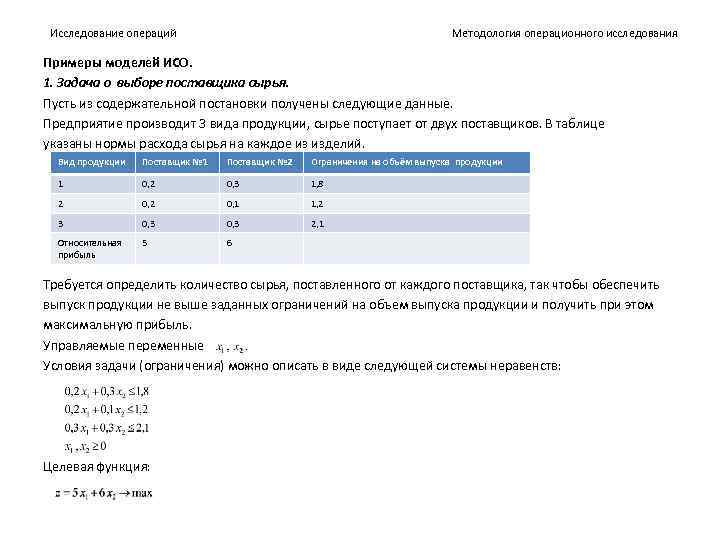 Методология операционного исследования Исследование операций Примеры моделей ИСО. 1. Задача о выборе поставщика сырья.