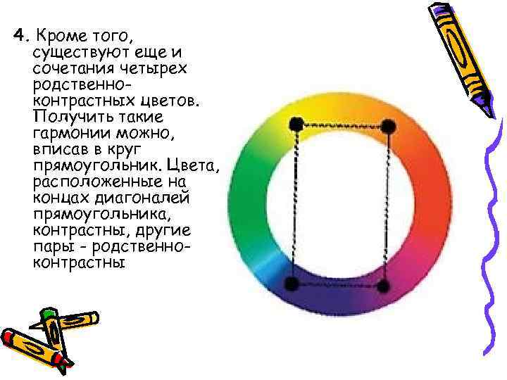 4. Кроме того, существуют еще и сочетания четырех родственноконтрастных цветов. Получить такие гармонии можно,