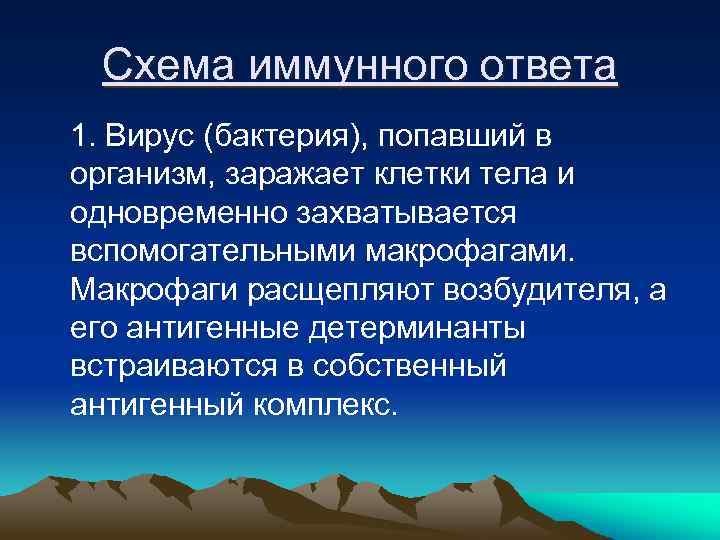 Схема иммунного ответа 1. Вирус (бактерия), попавший в организм, заражает клетки тела и одновременно