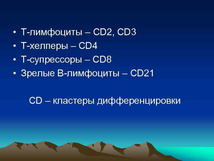  • • Т-лимфоциты – CD 2, CD 3 Т-хелперы – CD 4 Т-супрессоры