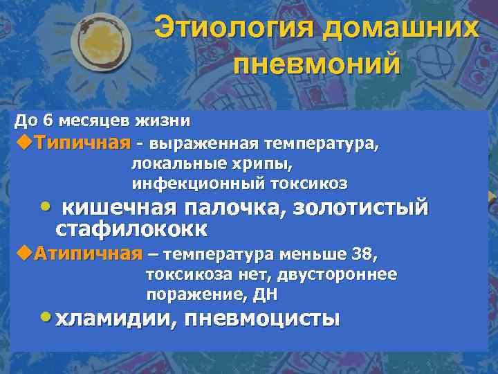 Этиология домашних пневмоний До 6 месяцев жизни u. Типичная - выраженная температура, локальные хрипы,