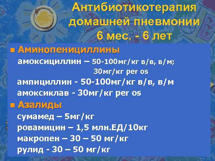 Антибиотикотерапия домашней пневмонии 6 мес. - 6 лет n Аминопенициллины амоксициллин – 50 -100