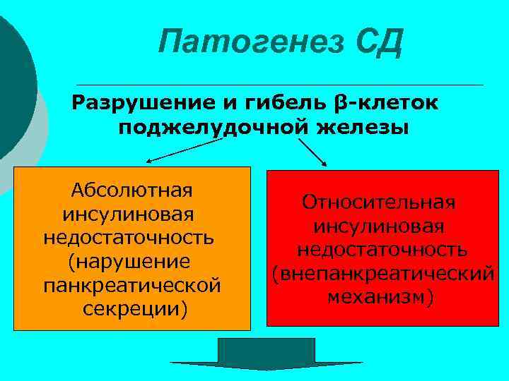 Патогенез СД Разрушение и гибель β-клеток поджелудочной железы Абсолютная инсулиновая недостаточность (нарушение панкреатической секреции)