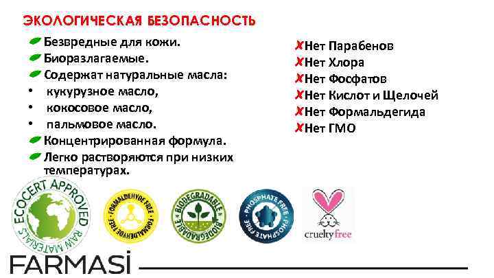 ЭКОЛОГИЧЕСКАЯ БЕЗОПАСНОСТЬ Безвредные для кожи. Биоразлагаемые. Содержат натуральные масла: • кукурузное масло, • кокосовое