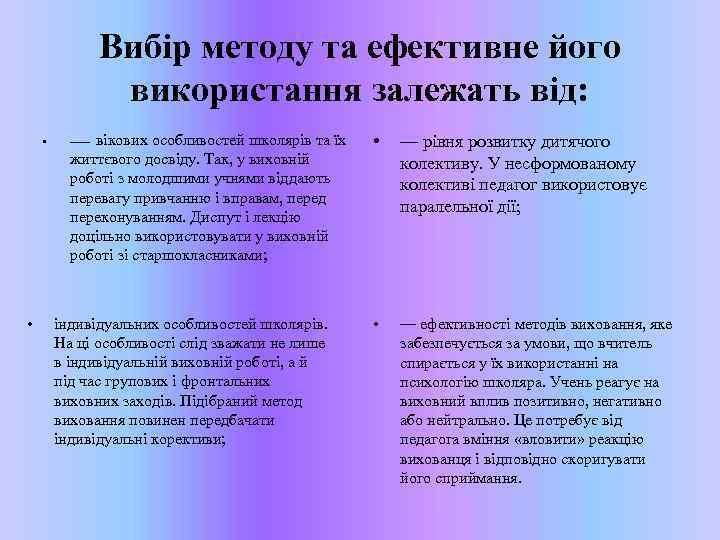 Вибір методу та ефективне його використання залежать від: • • вікових особливостей школярів та