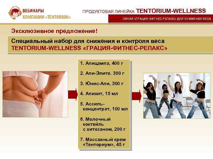 ПРОДУКТОВАЯ ЛИНЕЙКА TENTORIUM-WELLNESS ЛИНИЯ «ГРАЦИЯ-ФИТНЕС-РЕЛАКС» ДЛЯ СНИЖЕНИЯ ВЕСА Эксклюзивное предложение! Специальный набор для снижения