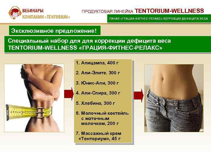 ПРОДУКТОВАЯ ЛИНЕЙКА TENTORIUM-WELLNESS ЛИНИЯ «ГРАЦИЯ-ФИТНЕС-РЕЛАКС» КОРРЕКЦИЯ ДЕФИЦИТА ВЕСА Эксклюзивное предложение! Специальный набор для коррекции