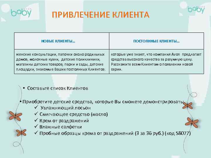 ПРИВЛЕЧЕНИЕ КЛИЕНТА НОВЫЕ КЛИЕНТЫ… женские консультации, папочки около родильных домов, молочные кухни, детские поликлиники,