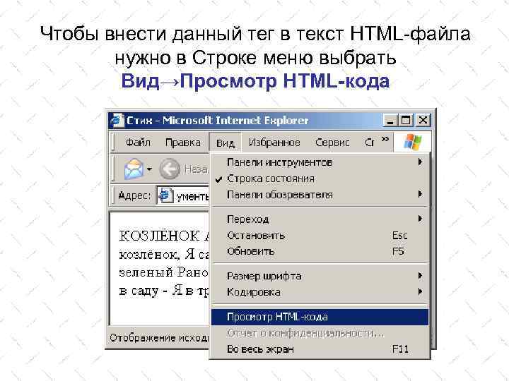Чтобы внести данный тег в текст HTML-файла нужно в Строке меню выбрать Вид→Просмотр HTML-кода