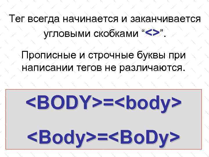 Тег всегда начинается и заканчивается угловыми скобками “<>”. Прописные и строчные буквы при написании