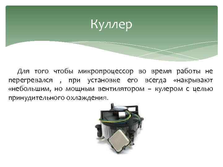 Куллер Для того чтобы микропроцессор во время работы не перегревался , при установке его