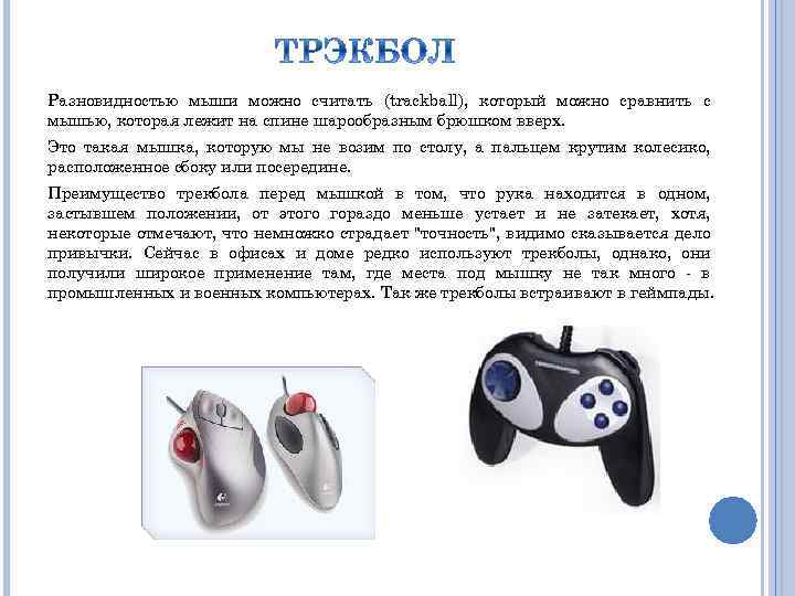 Разновидностью мыши можно считать (trackball), который можно сравнить с мышью, которая лежит на спине