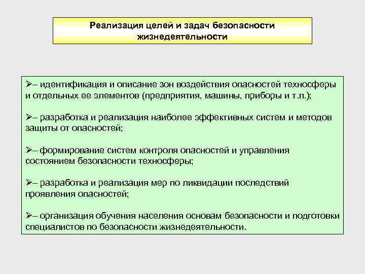 Реализация целей и задач безопасности жизнедеятельности Ø– идентификация и описание зон воздействия опасностей техносферы