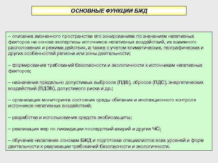 ОСНОВНЫЕ ФУНКЦИИ БЖД – описание жизненного пространства его зонированием по значениям негативных факторов на