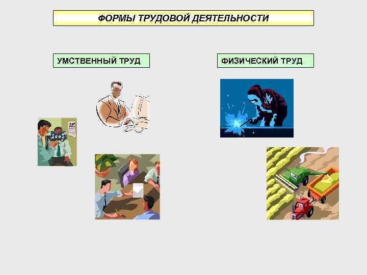 ФОРМЫ ТРУДОВОЙ ДЕЯТЕЛЬНОСТИ УМСТВЕННЫЙ ТРУД ФИЗИЧЕСКИЙ ТРУД 