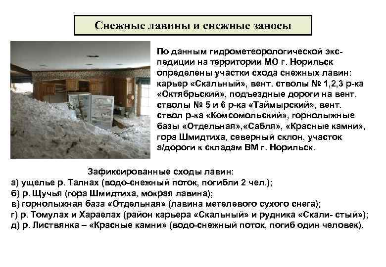 Снежные лавины и снежные заносы По данным гидрометеорологической экспедиции на территории МО г. Норильск