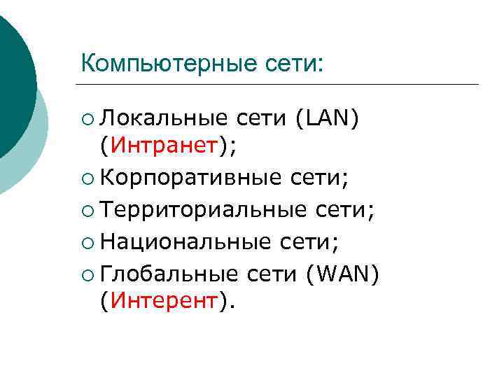 Компьютерные сети: ¡ Локальные сети (LAN) (Интранет); ¡ Корпоративные сети; ¡ Территориальные сети; ¡