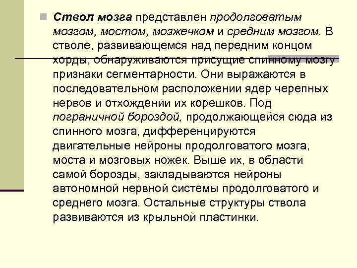 n Ствол мозга представлен продолговатым мозгом, мостом, мозжечком и средним мозгом. В стволе, развивающемся