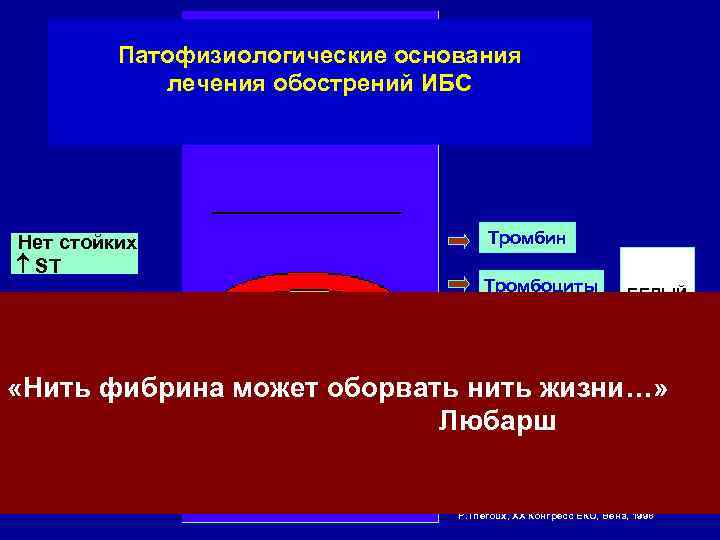 Патофизиологические основания лечения обострений ИБС Нет стойких ST Тромбин Тромбоциты БЕЛЫЙ «Нить фибрина может